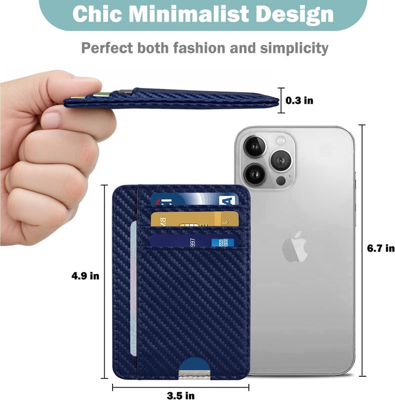 Hot Cool Slim Wallet for Men, Minimalist Front Pocket Simple Leather Credit Card Holder RFID Blocking for Men & Women, Thin Organizer Gifts, Carbon Fiber - Navy Blue - Image 3