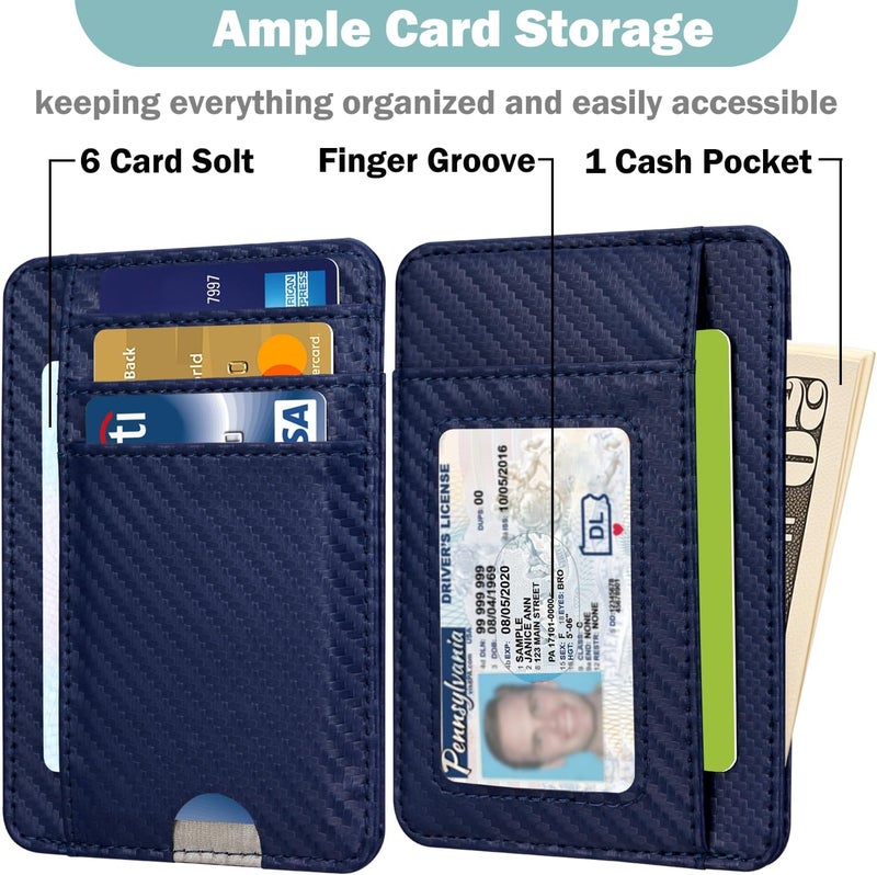 Hot Cool Slim Wallet for Men, Minimalist Front Pocket Simple Leather Credit Card Holder RFID Blocking for Men & Women, Thin Organizer Gifts, Carbon Fiber - Navy Blue - Image 2