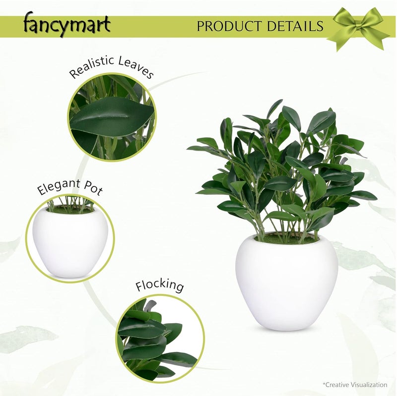 fancymart Artificial Rubber Plant in 6 inch White Apple Pot (Height 32 cm) for Home and Office Decor Plants for Decoration, Realistic Green Decorative for Interior, Living Room, Office Desk - Image 2