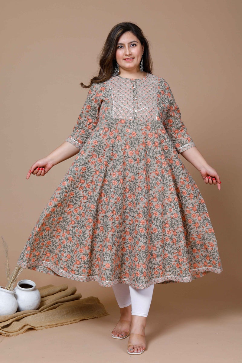 Miravan Womens Plus Size Brown Gota Lace Work Floral Printed Anarkali Kurta - Image 1