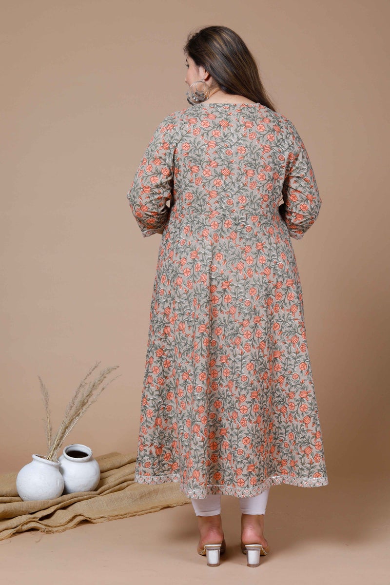Miravan Womens Plus Size Brown Gota Lace Work Floral Printed Anarkali Kurta - Image 5