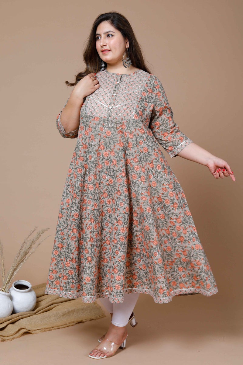 Miravan Womens Plus Size Brown Gota Lace Work Floral Printed Anarkali Kurta - Image 2