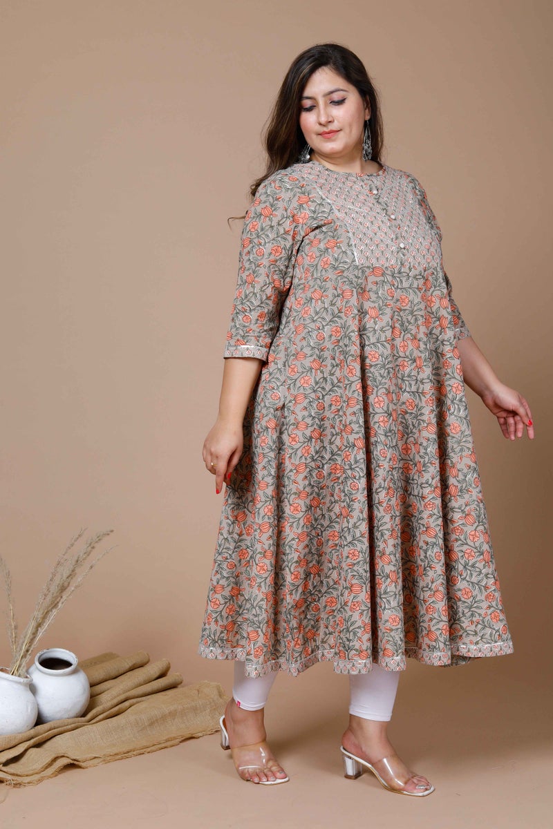 Miravan Womens Plus Size Brown Gota Lace Work Floral Printed Anarkali Kurta - Image 3
