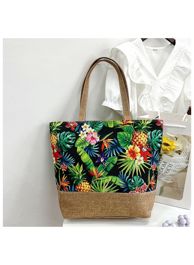 Fashion Canvas Bag Style National Style Artistic Women's Shoulder Bag Simple Tote Bag Large Capacity Women's Portable Shopping Bag-Color:Blue And Green Colorful - Image 1