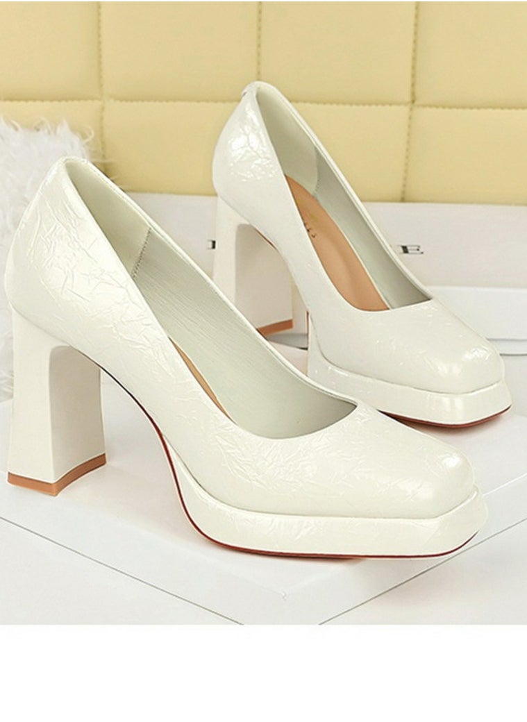 BIGTREE Womens Platform Chunky High Heel Square Closed Toe Pumps White  - Image 2
