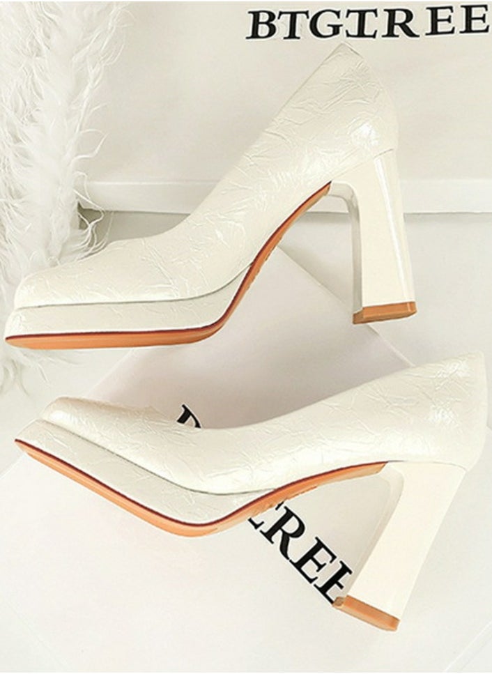 BIGTREE Womens Platform Chunky High Heel Square Closed Toe Pumps White  - Image 3