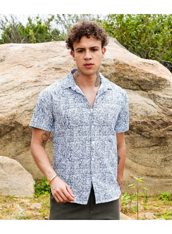 CAHOOT  Men's Cream White & Indigo Blue Contrast Hazy Shirt For Casual Wear | Spread Collar | Short Sleeve | Button Closure | Shirt Crafted With Comfort Fit For Everyday Wear for Men | Best Price UAE