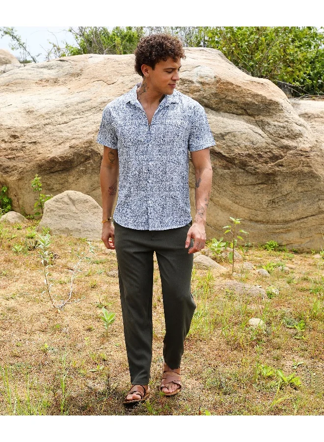 Men's Cream White & Indigo Blue Contrast Hazy Shirt For Casual Wear | Spread Collar | Short Sleeve | Button Closure | Shirt Crafted With Comfort Fit For Everyday Wear