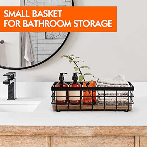 TJMOREE TJ.MOREE Small Metal Wire Basket, Decorative Wood Base Organizer for Bathroom, Kitchen, Basket for Toilet Paper Storage, Sugar Packet, Coffee Syrup, Guest Towel, Napkin - Image 4