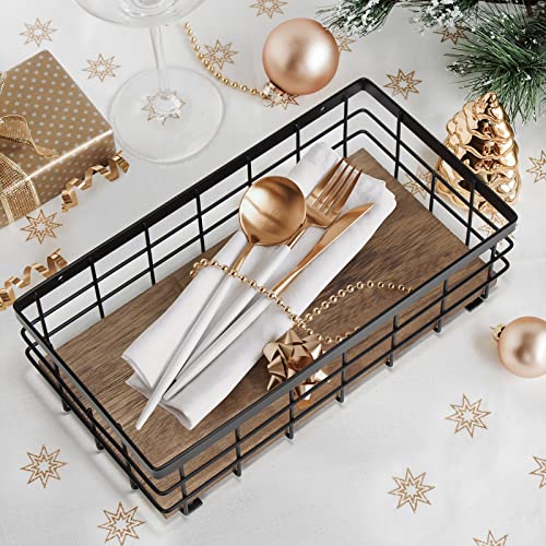 TJMOREE TJ.MOREE Small Metal Wire Basket, Decorative Wood Base Organizer for Bathroom, Kitchen, Basket for Toilet Paper Storage, Sugar Packet, Coffee Syrup, Guest Towel, Napkin - Image 5