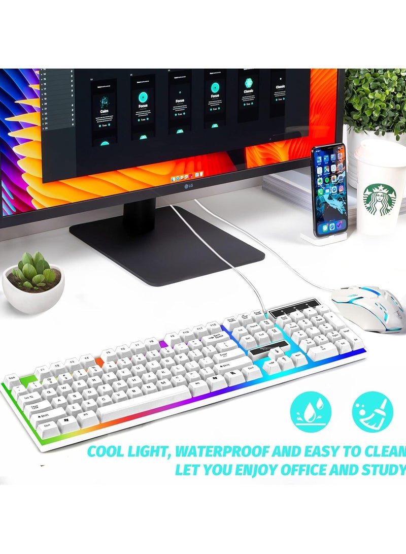 Computer Gaming Keyboard and Mouse Combo :Keyboard with Flexible Polychromatic LED Lights Mechanical Feel Wired USB Working Keyboard Mouse Set for Windows Computer
