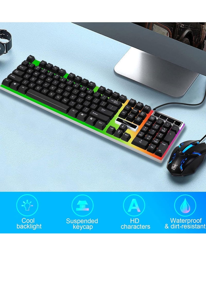 Computer Gaming Keyboard and Mouse Combo :Keyboard with Flexible Polychromatic LED Lights Mechanical Feel Wired USB Working Keyboard Mouse Set for Windows Computer