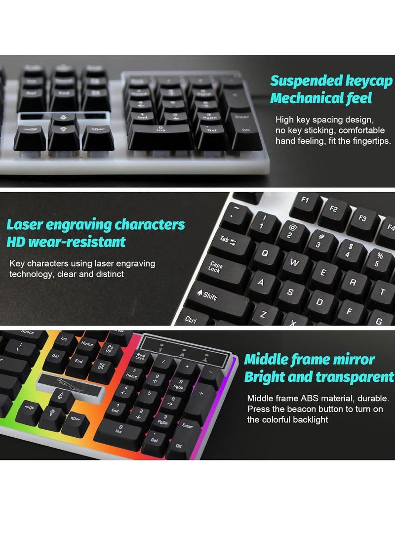 Computer Gaming Keyboard and Mouse Combo :Keyboard with Flexible Polychromatic LED Lights Mechanical Feel Wired USB Working Keyboard Mouse Set for Windows Computer