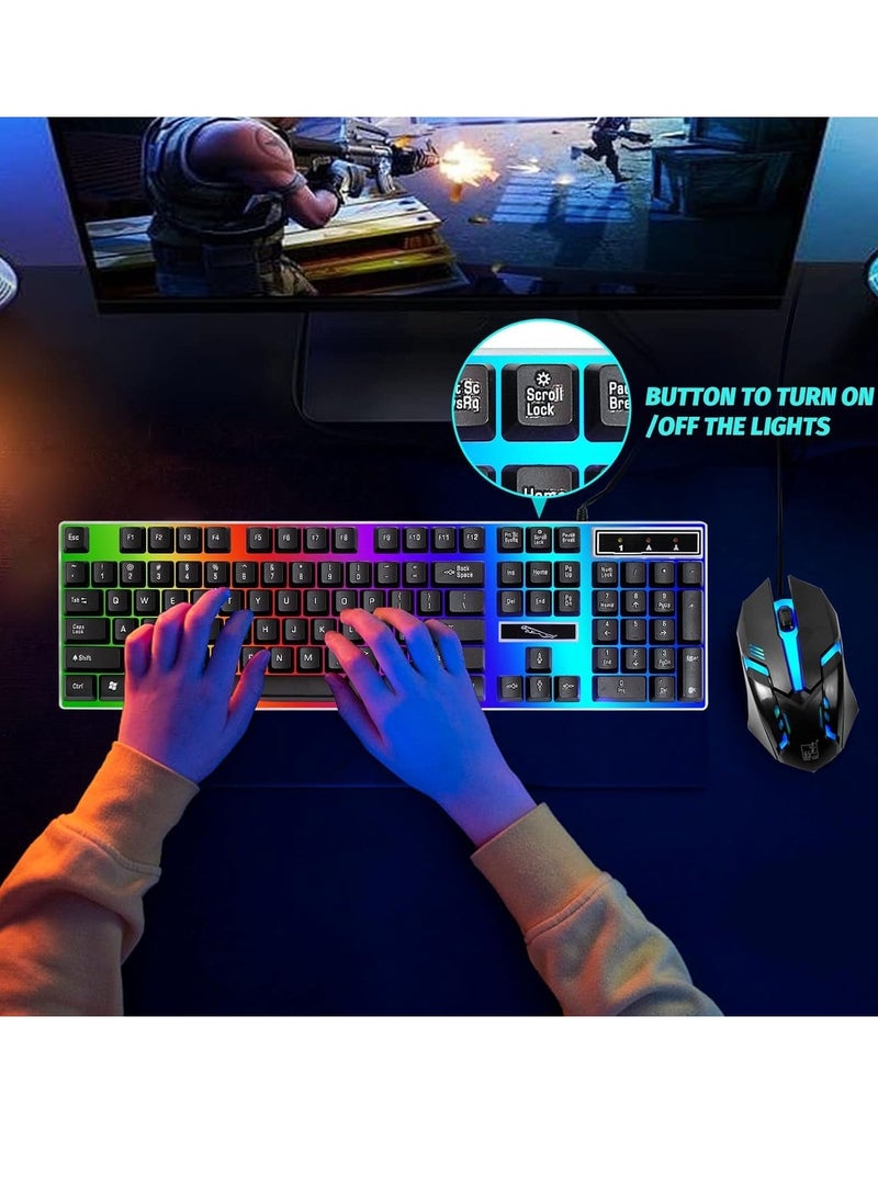 Computer Gaming Keyboard and Mouse Combo :Keyboard with Flexible Polychromatic LED Lights Mechanical Feel Wired USB Working Keyboard Mouse Set for Windows Computer