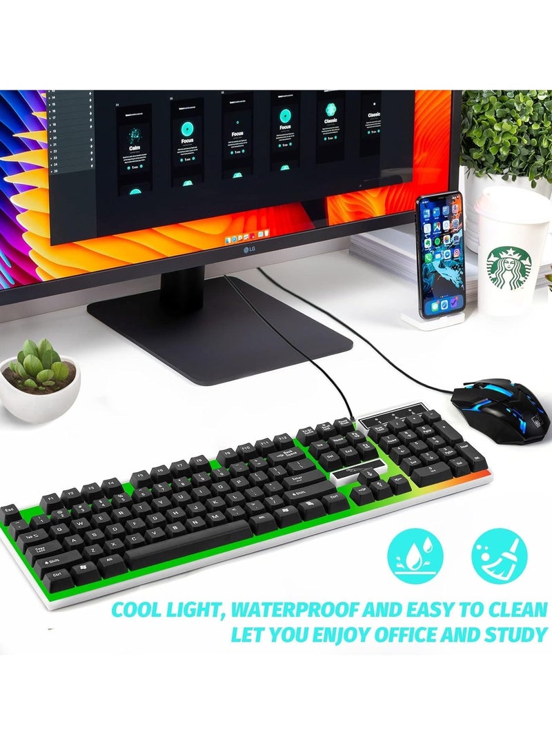 Computer Gaming Keyboard and Mouse Combo :Keyboard with Flexible Polychromatic LED Lights Mechanical Feel Wired USB Working Keyboard Mouse Set for Windows Computer