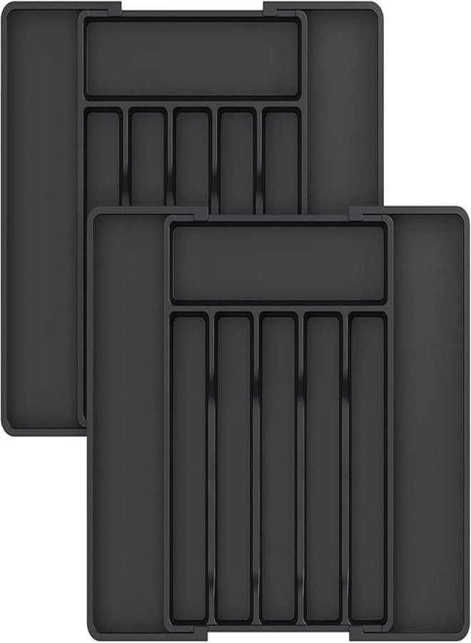 CazleeLarge Silverware Drawer Organizer, Expandable Utensil Tray for Kitchen, BPA Free Flatware and Cutlery Holder, Adjustable Plastic Storage for Spoons Forks Knives, Large, (Black) (2) - Image 1