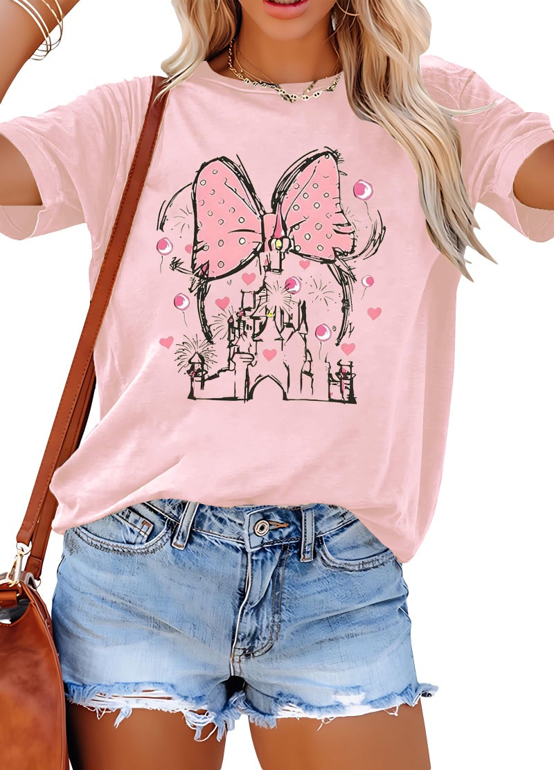 Women Magic Kingdom Shirt Castle Graphic Shirts Casual Family Vacation Holiday T Shirt Cute Short Sleeve Tee Top Pink