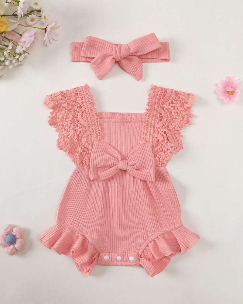 Renotemy Newborn Girl Clothes Outfit Cotton Linen Romper Coming Home Outfits Spring Summer Baby Girl Newborn Essentials Gifts Baby Clothes for Girls Pink Lace Sleeve Bodysuit Jumpsuit with Headband - Image 4
