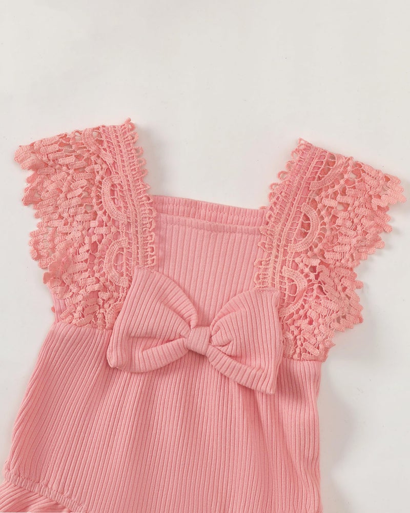 Renotemy Newborn Girl Clothes Outfit Cotton Linen Romper Coming Home Outfits Spring Summer Baby Girl Newborn Essentials Gifts Baby Clothes for Girls Pink Lace Sleeve Bodysuit Jumpsuit with Headband - Image 5