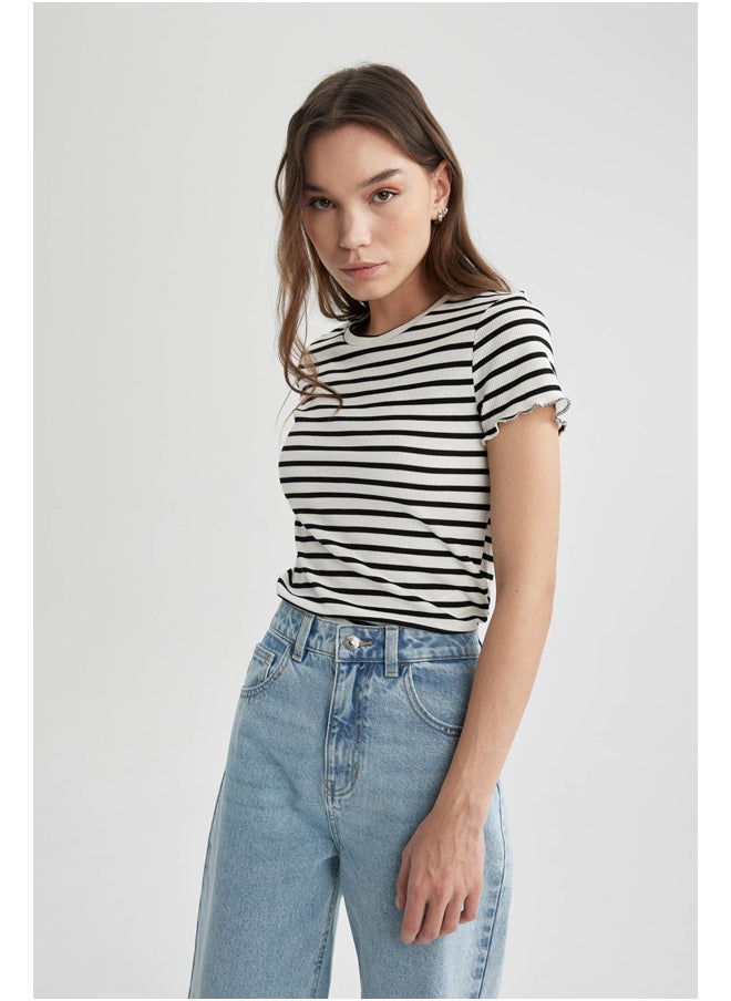 DeFacto - Woman Fitted Crew Neck Knitted Short Sleeve T-Shirt - Image 1