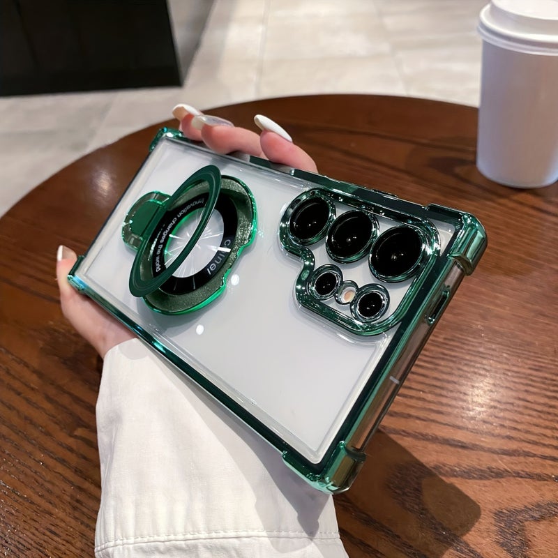 Phone Case For Samsung Galaxy A26 5G Green Acrylic Electroplated Magnetic Stand Four Corner Soft Edge Protective Case - Image 3