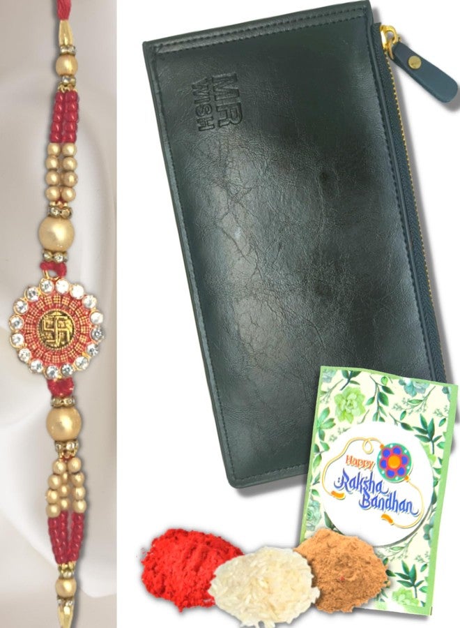 Quarya Rakhi Gift for Brother Bracelets Colourful Designer Rakhis Combo Gift Pack for Rakhsha Bandhan (Pack of Rakhi, Roli/Rice/Chandan, Greeting Card and 1 Women Leather Wallet) - Image 1