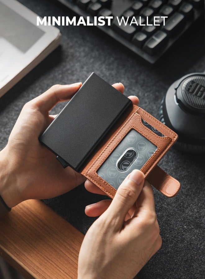 فولكيت محفظة فولكيت النحيفة ثنائية الطي المنبثقة، حامل بطاقات جلدي بسيط، حافظة بطاقات معدنية مانعة لتقنية RFID مع نافذة لبطاقة الهوية للنساء (بني أصلي فاخر) - Image 5