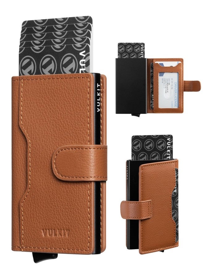فولكيت محفظة فولكيت النحيفة ثنائية الطي المنبثقة، حامل بطاقات جلدي بسيط، حافظة بطاقات معدنية مانعة لتقنية RFID مع نافذة لبطاقة الهوية للنساء (بني أصلي فاخر) - Image 1