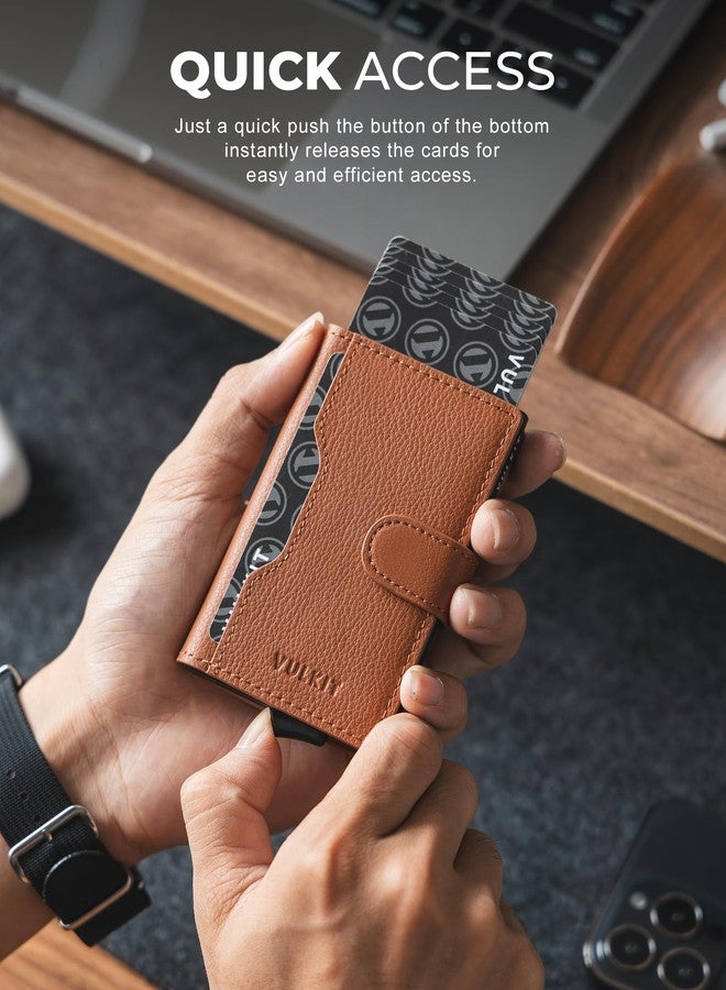 فولكيت محفظة فولكيت النحيفة ثنائية الطي المنبثقة، حامل بطاقات جلدي بسيط، حافظة بطاقات معدنية مانعة لتقنية RFID مع نافذة لبطاقة الهوية للنساء (بني أصلي فاخر) - Image 3