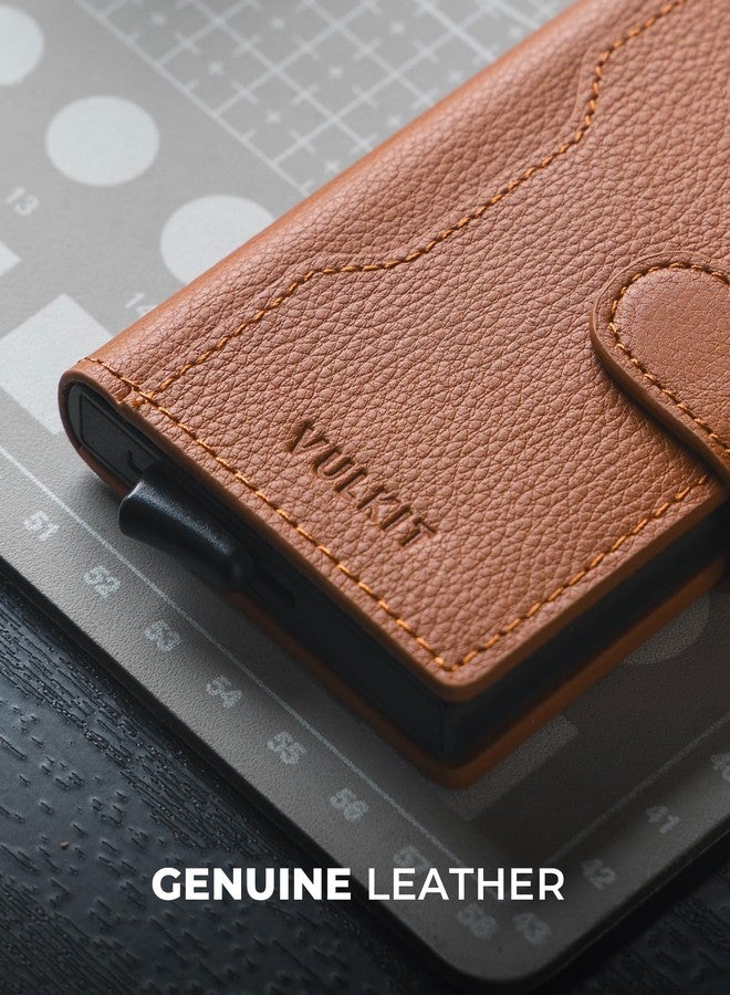 فولكيت محفظة فولكيت النحيفة ثنائية الطي المنبثقة، حامل بطاقات جلدي بسيط، حافظة بطاقات معدنية مانعة لتقنية RFID مع نافذة لبطاقة الهوية للنساء (بني أصلي فاخر) - Image 2