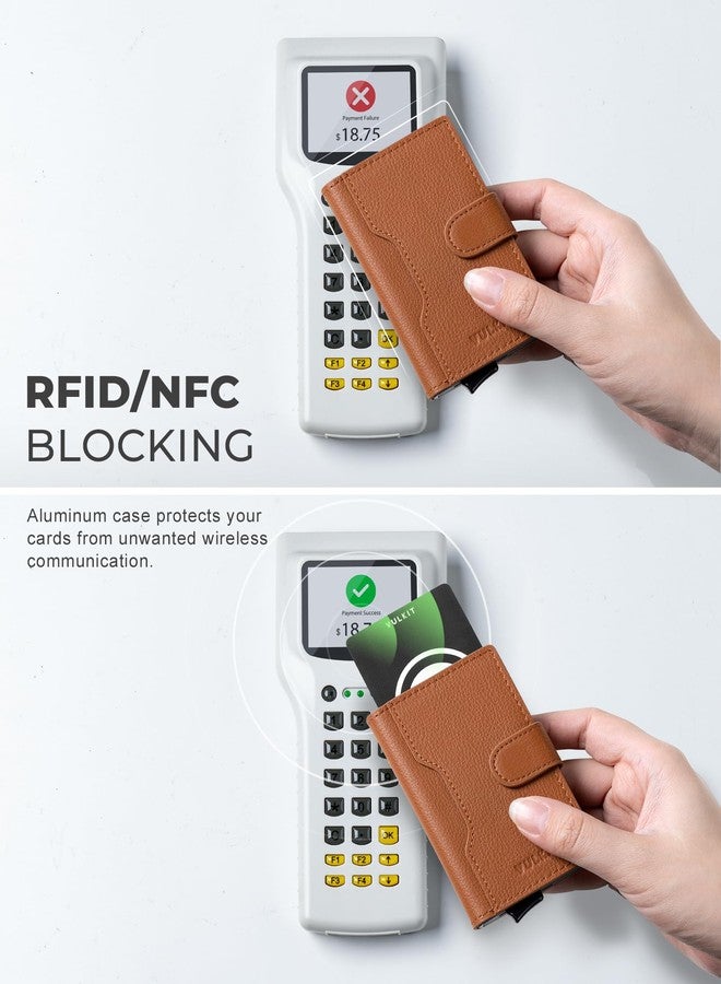 فولكيت محفظة فولكيت النحيفة ثنائية الطي المنبثقة، حامل بطاقات جلدي بسيط، حافظة بطاقات معدنية مانعة لتقنية RFID مع نافذة لبطاقة الهوية للنساء (بني أصلي فاخر) - Image 4