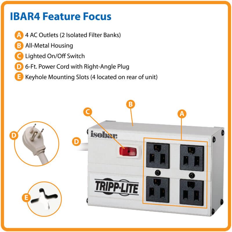 Tripp Lite Isobar 4 Outlet Surge Protector Power Strip, 6ft. Cord, Right Angle Plug, 3330 Joules, Metal, IBAR4-6D, Gray - Image 4