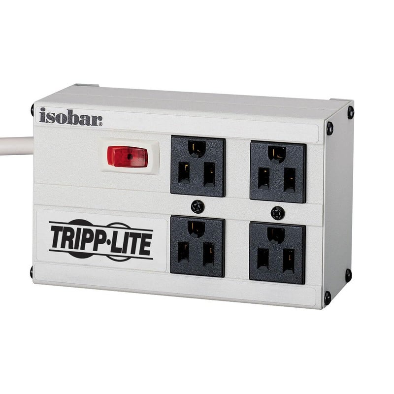 Tripp Lite Isobar 4 Outlet Surge Protector Power Strip, 6ft. Cord, Right Angle Plug, 3330 Joules, Metal, IBAR4-6D, Gray - Image 1