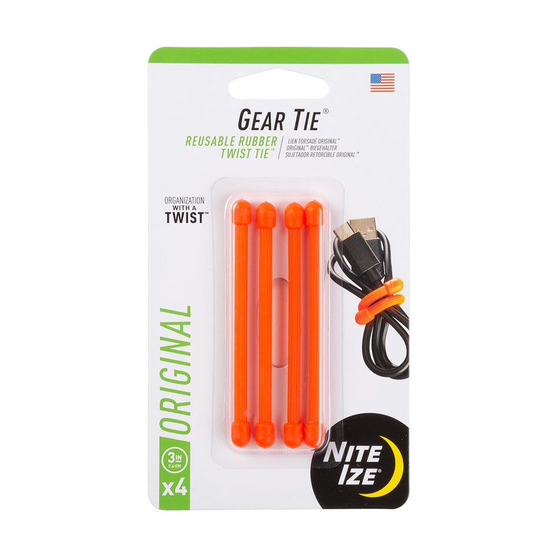 Nite Ize GT3-4PK-31 Original Gear Tie, 3" Bright Orange, 4 Pack, Made in The USA - Image 1