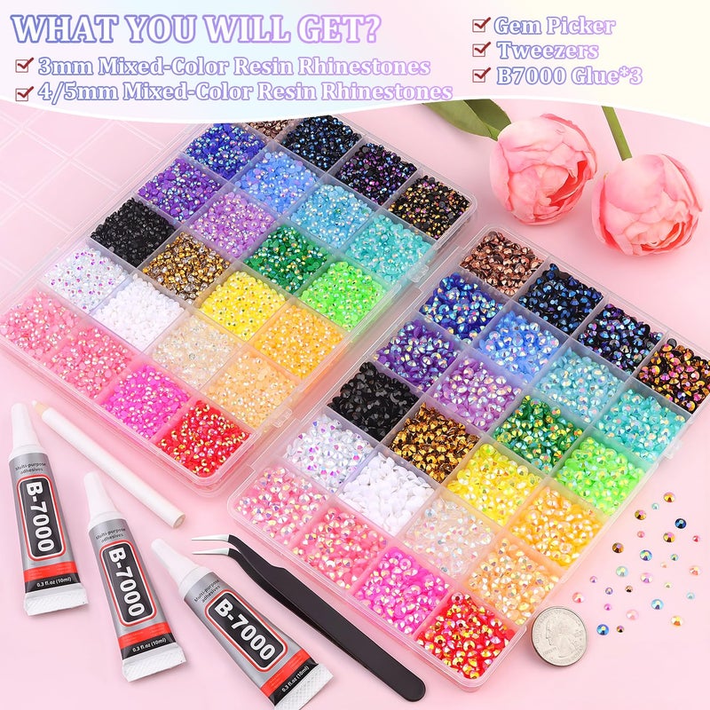 TINKRSTUFF علبتان من جلي rhinestones للتزيين، 40000 قطعة من جواهر الراتنج المسطحة متعددة الألوان بحجم 3/4/5 مم للحرف اليدوية، مجموعة Bedazzler مع 3 قطع من غراء المجوهرات B7000 بحجم 10 مل للحرف اليدوية، تزيين الأقمشة، فن الأظافر - Image 2