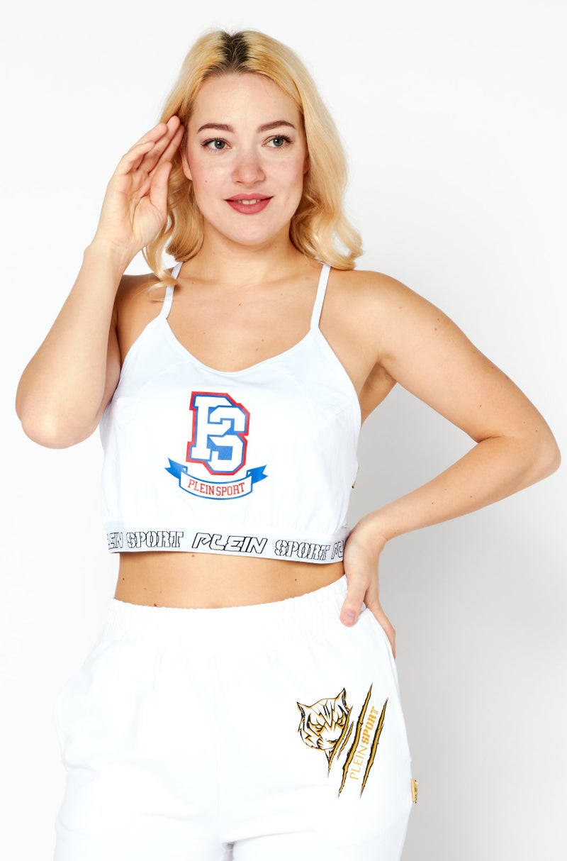 PHILIPP PLEIN Plein Sport Women Printed Logo Non Padded Sports Bra, White - Image 1