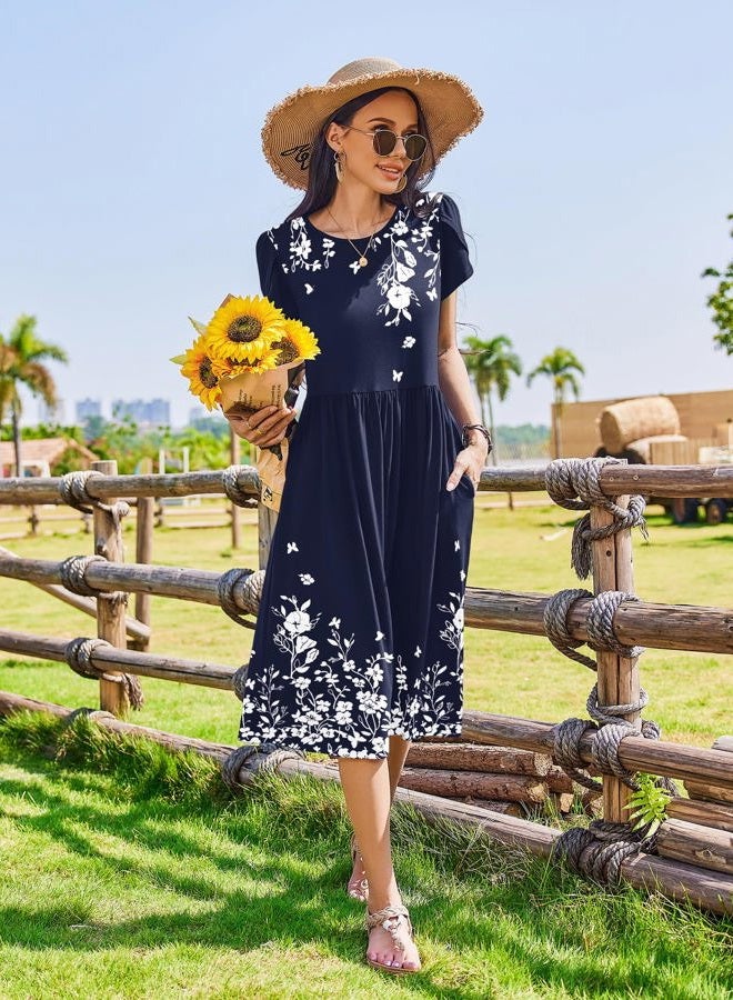 zeagoo Women Summer Short Sleeve Midi Dress with Pockets Casual Aline Flowy Tshirt Dress Floral Vocation Beach Sundress, Navy Blue Floral, S - Image 5