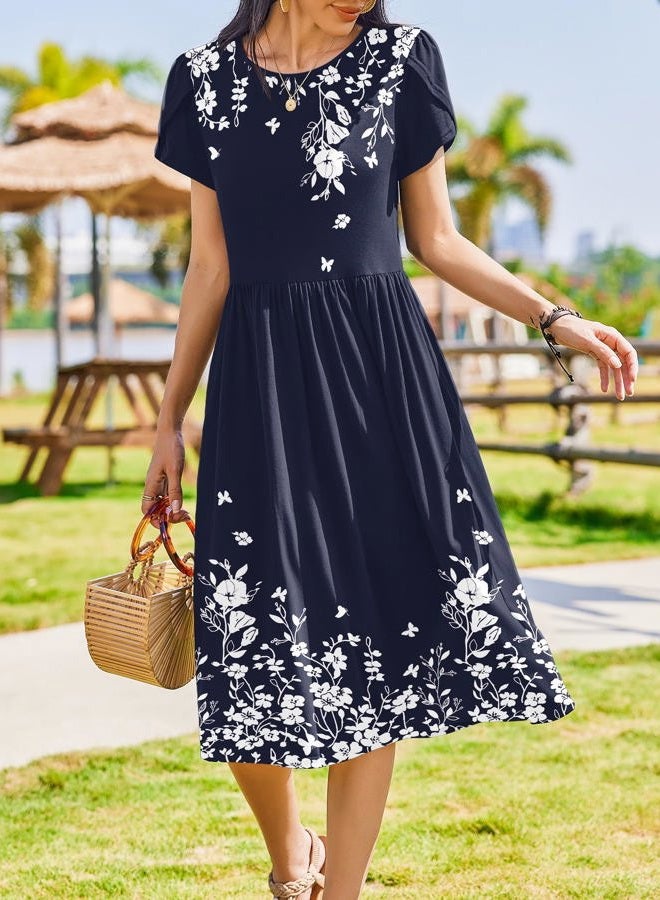 zeagoo Women Summer Short Sleeve Midi Dress with Pockets Casual Aline Flowy Tshirt Dress Floral Vocation Beach Sundress, Navy Blue Floral, S - Image 3