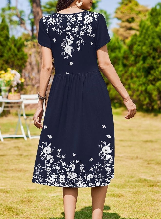 zeagoo Women Summer Short Sleeve Midi Dress with Pockets Casual Aline Flowy Tshirt Dress Floral Vocation Beach Sundress, Navy Blue Floral, S - Image 4