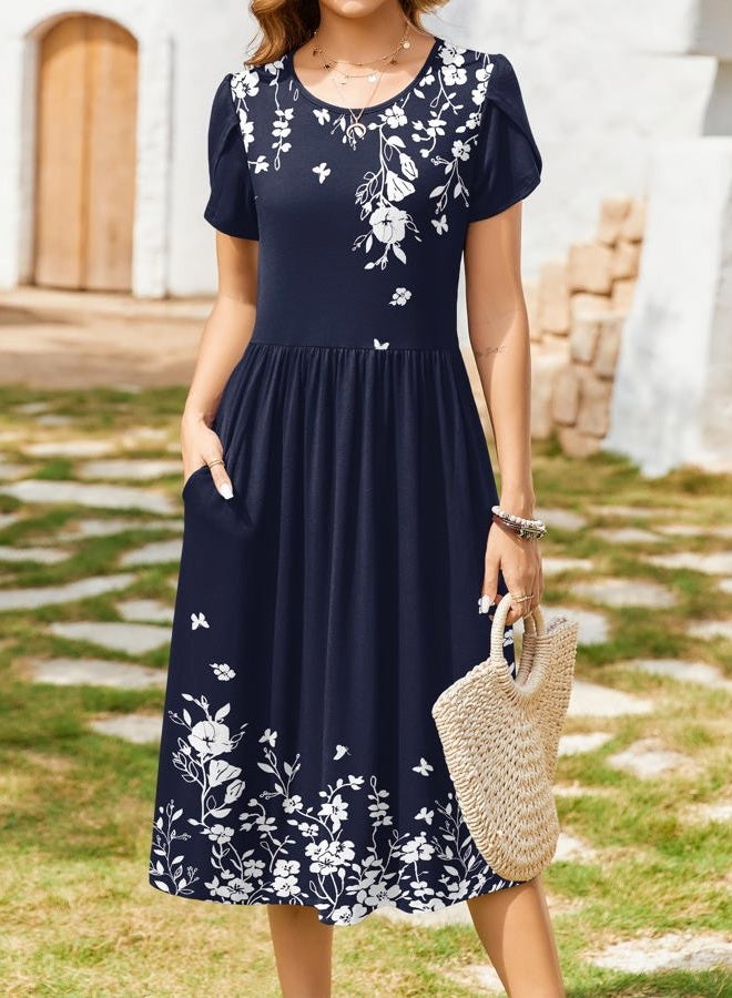 zeagoo Women Summer Short Sleeve Midi Dress with Pockets Casual Aline Flowy Tshirt Dress Floral Vocation Beach Sundress, Navy Blue Floral, S - Image 2