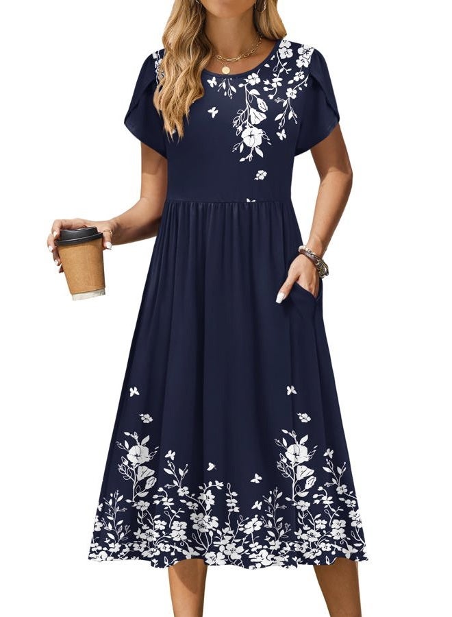 zeagoo Women Summer Short Sleeve Midi Dress with Pockets Casual Aline Flowy Tshirt Dress Floral Vocation Beach Sundress, Navy Blue Floral, S - Image 1