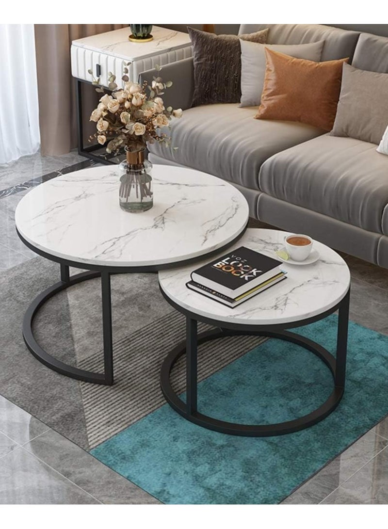 DubaiGallery Coffee Table Set of 2, Wood Metal Side Table Round Set, Table Combination for Living Room, Balcony, Small Set of Table Set, Living Room Table Modern Industrial Style Side Table Round - Image 2