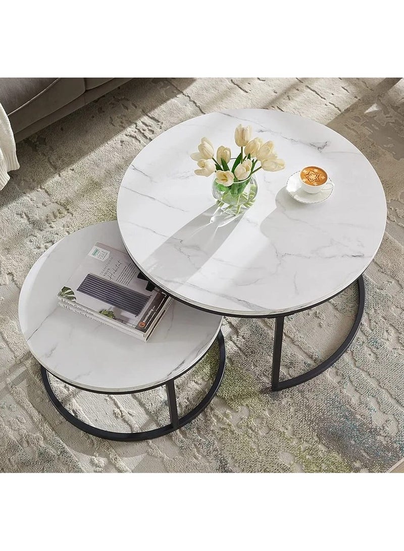 DubaiGallery Coffee Table Set of 2, Wood Metal Side Table Round Set, Table Combination for Living Room, Balcony, Small Set of Table Set, Living Room Table Modern Industrial Style Side Table Round - Image 3