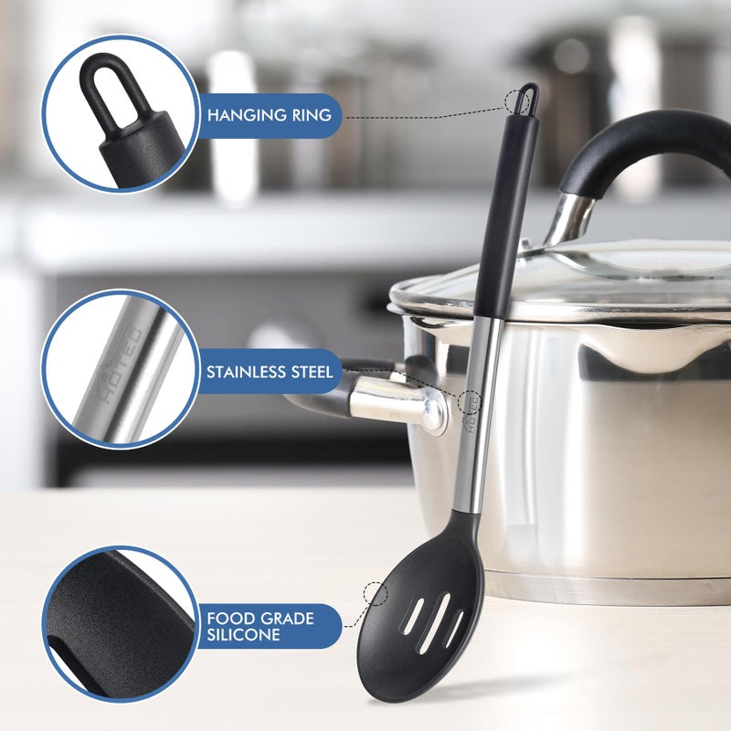 HOTEC 446Â°F Heat Resistant Large Silicone Cooking Spoon, BPA Free Solid Slotted Spoons, Nonstick Kitchen Cookware Utensils, Mixing, Serving, Stiring Large Spoons, Black - Image 5