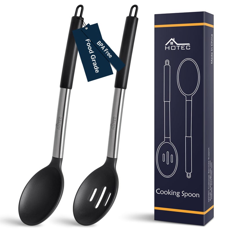 HOTEC 446Â°F Heat Resistant Large Silicone Cooking Spoon, BPA Free Solid Slotted Spoons, Nonstick Kitchen Cookware Utensils, Mixing, Serving, Stiring Large Spoons, Black - Image 1