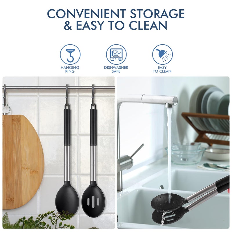 HOTEC 446Â°F Heat Resistant Large Silicone Cooking Spoon, BPA Free Solid Slotted Spoons, Nonstick Kitchen Cookware Utensils, Mixing, Serving, Stiring Large Spoons, Black - Image 3