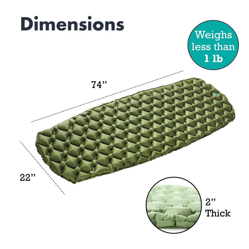 Sleepingo Sleeping Pad for Camping - Ultralight Sleeping Mat for Camping, Backpacking, Hiking - Lightweight, Inflatable Air Mattress - Compact Camping Mats for Sleeping- Green, 1pk - Image 3
