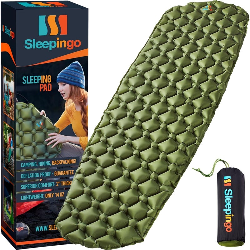 Sleepingo Sleeping Pad for Camping - Ultralight Sleeping Mat for Camping, Backpacking, Hiking - Lightweight, Inflatable Air Mattress - Compact Camping Mats for Sleeping- Green, 1pk - Image 1