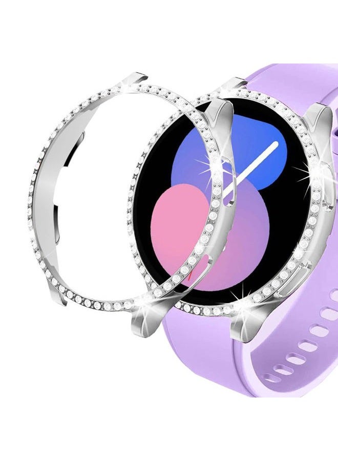 DEALELE [2-Pack] Case Compatible with Samsung Galaxy Watch 5/4 44mm, Bling Single-Row Diamond PC Protective Case Replacement Watch Cover Bumper (44mm, Silver+ Transparent) - Image 1