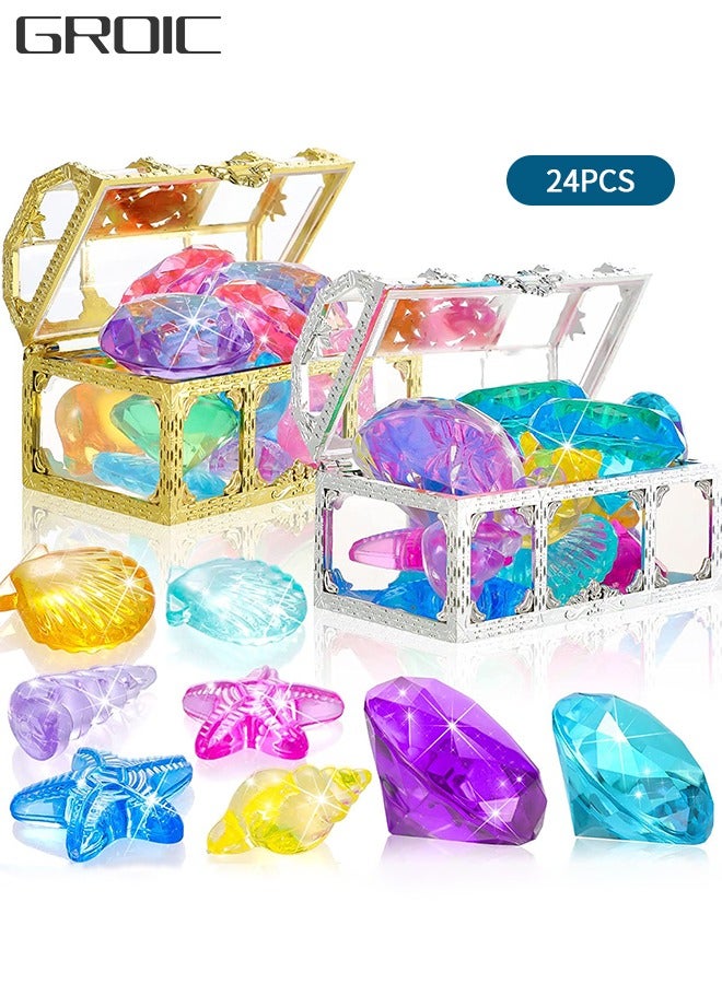 GROIC 24 قطعة من ألعاب حمام السباحة المصنوعة من الأحجار الكريمة مع صندوقين للمجوهرات، مجموعة ألعاب حمام السباحة والكنوز الغارقة، ألعاب القراصنة تحت الماء، هدية تدريب الغوص - Image 1